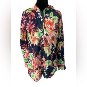 Talbots Navy Floral Print Cotton Button Down Roll Tab Blouse M Breathable Spring